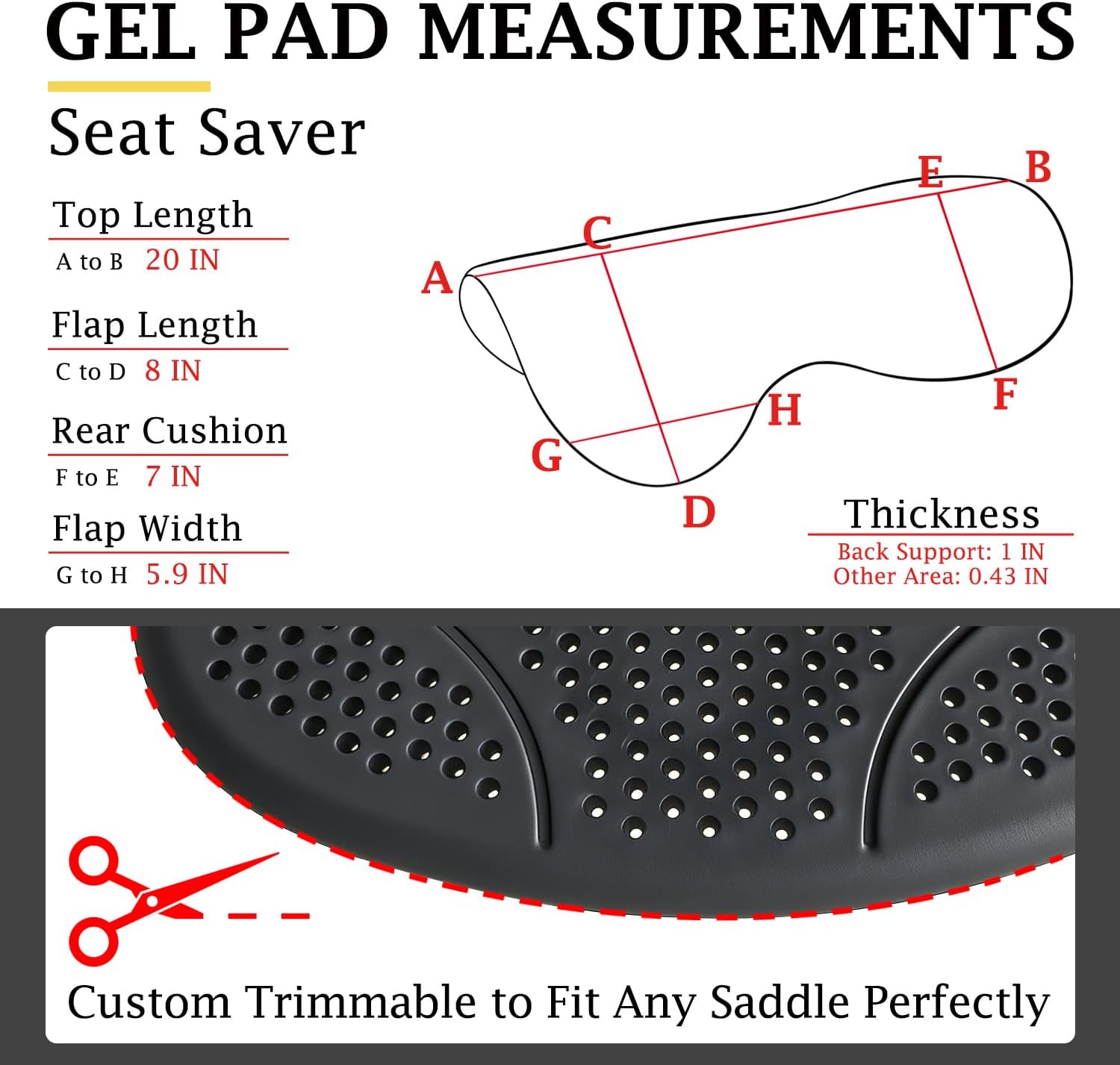 Size dimensions of THREE ARCHERS silicone gel horse saddle pad