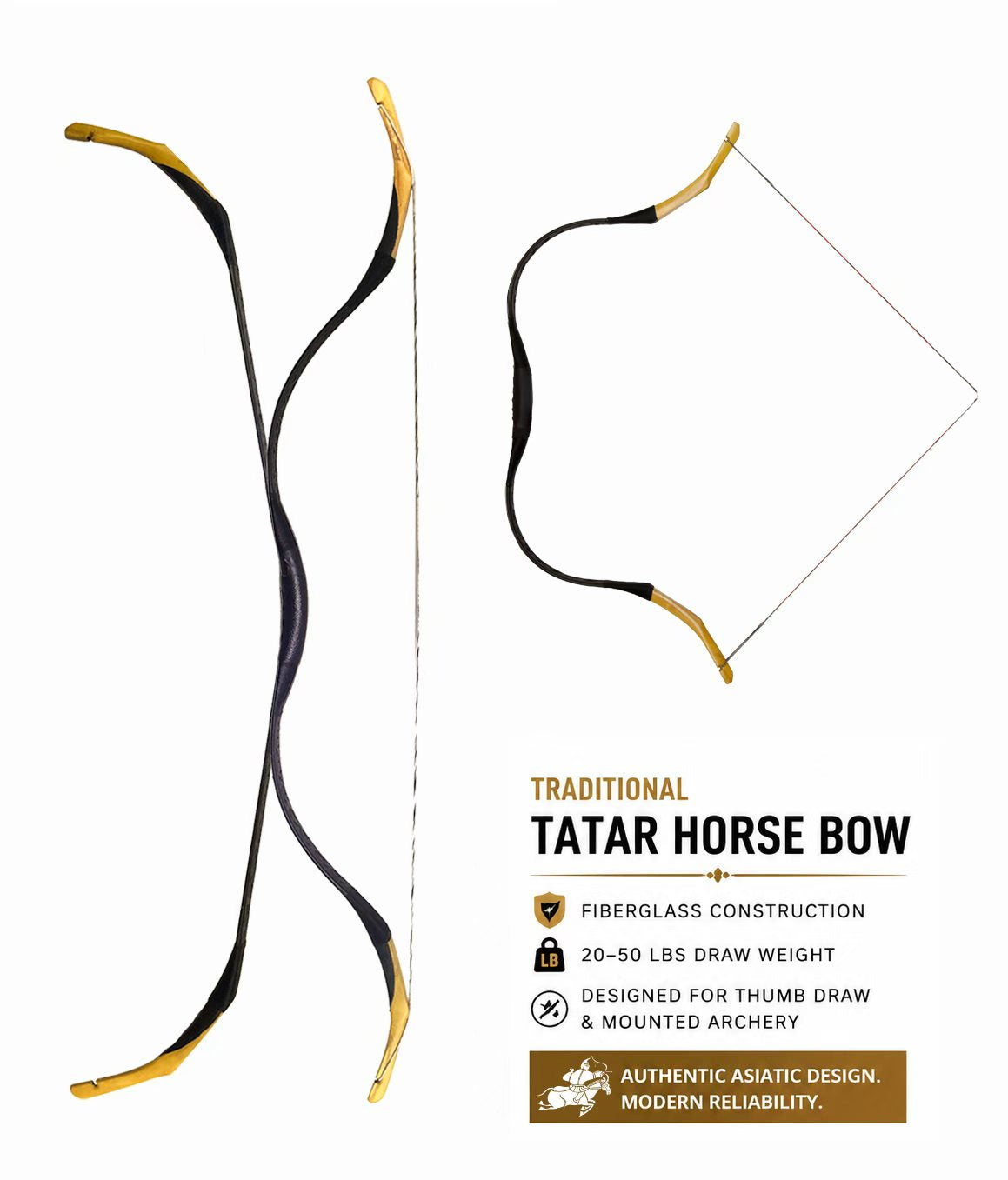 ArcheryMax Tatar Horse Bow – Traditional Asiatic Fiberglass Bow for Thumb Draw & Mounted Archery