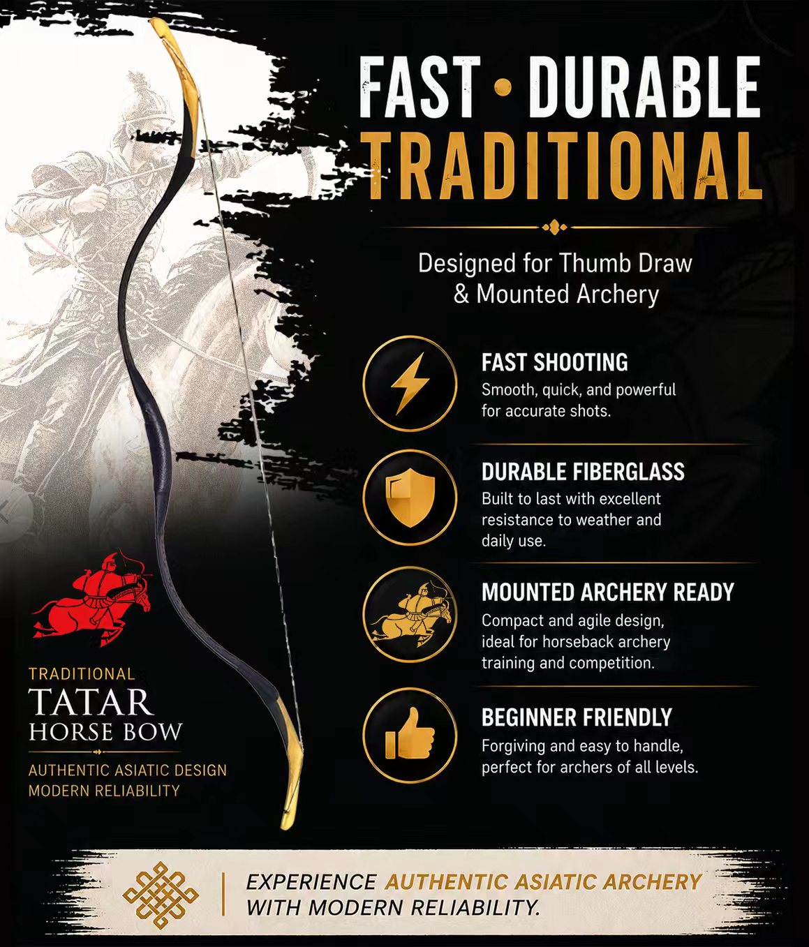 ArcheryMax Tatar Horse Bow – Traditional Asiatic Fiberglass Bow for Thumb Draw & Mounted Archery
