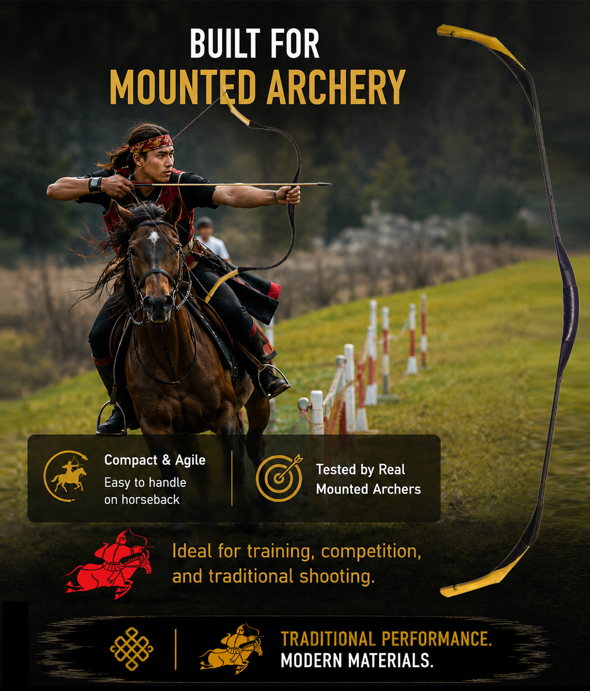 ArcheryMax Tatar Horse Bow – Traditional Asiatic Fiberglass Bow for Thumb Draw & Mounted Archery